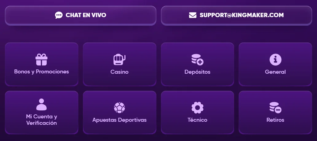 Kingmaker Casino Centro de Ayuda Kingmaker Casino centro de ayuda con chat en vivo, correo y categorías de soporte